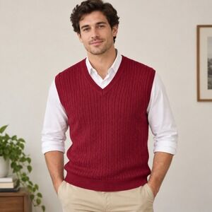 W.H. Belk Sweater Vest Mens Large Burgundy Cable Knit Mercerized Cotton Luxury
